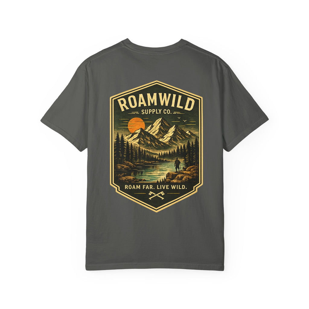 RoamWild Mountain Adventure T‑Shirt — 'Roam Far, Live Wild' Outdoor Graphic Tee