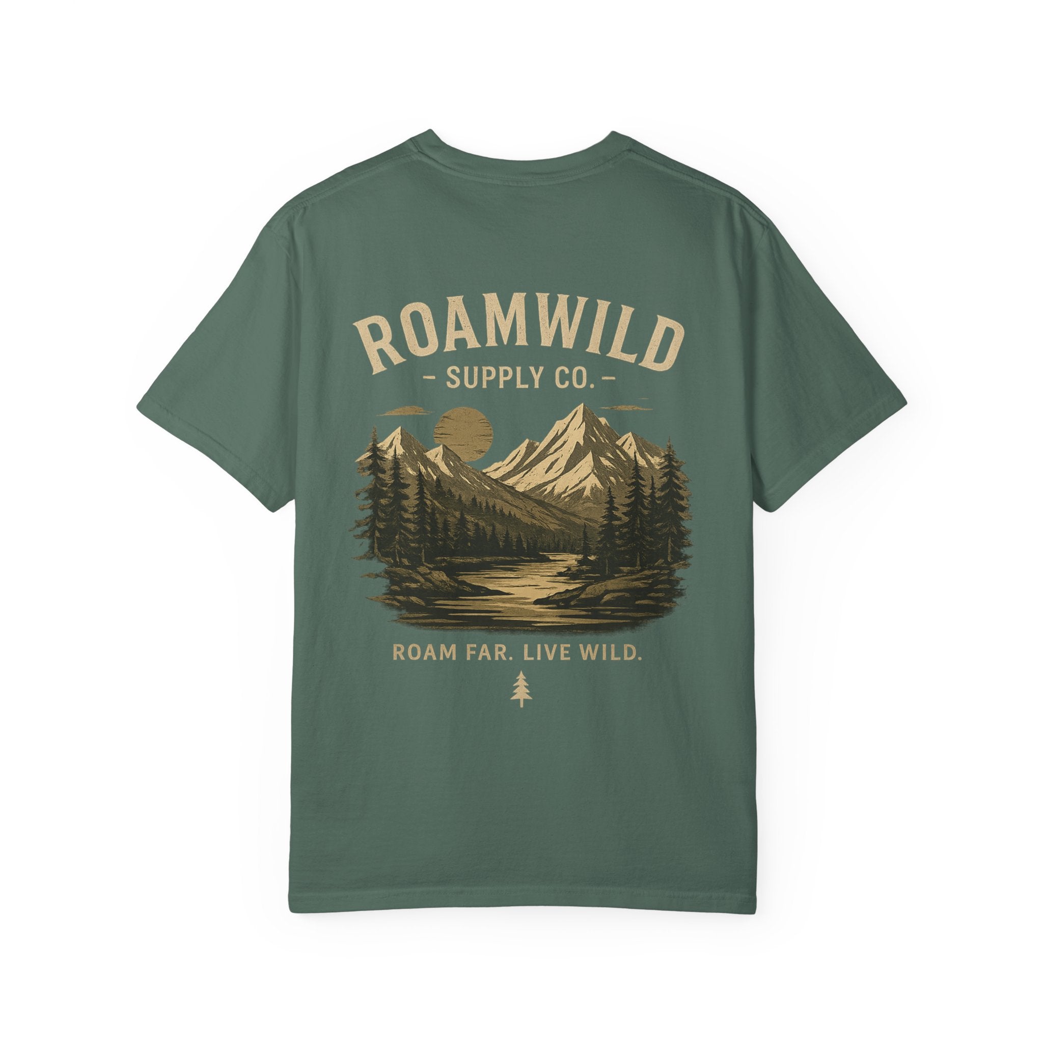 RoamWild Mountain Lake T-Shirt — "Roam Far, Live Wild" Outdoor Adventure Tee