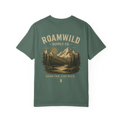 RoamWild Mountain Lake T-Shirt — "Roam Far, Live Wild" Outdoor Adventure Tee