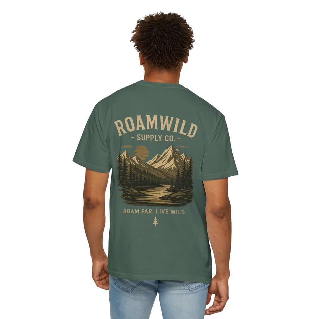 RoamWild Mountain Lake T-Shirt — "Roam Far, Live Wild" Outdoor Adventure Tee